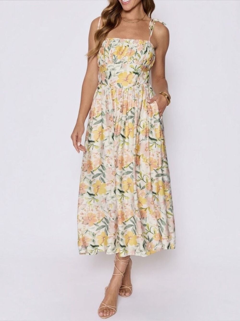 VICI Emory Ivory Floral Cottagecore Milkmaid Smocked Midi Sundress Medium Boho